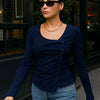 Ruched Asymmetrical Knit Top – Navy